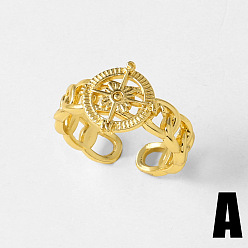 Others Ocean Brass Cuff Open Rings, Golden, Compass, 17mm