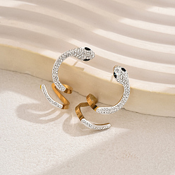 Белый 1 пара стильных сережек-гвоздиков в форме змеи из нержавеющей стали, со стразами, золотые, слева и справа, белые, 31x16 мм