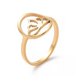 Golden Ion Plating(IP) 201 Stainless Steel Oval with Crown Finger Ring, Hollow Wide Ring for Women, Golden, US Size 6 1/2(16.9mm)