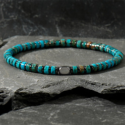 Темно-бирюзовый Мужские эластичные браслеты из окрашенной натуральной императорской яшмы и синтетических немагнитных гематитовых бусин., плоско-круглые, темные бирюзовый, регулируемый