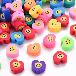 Mixed Color Handmade Polymer Clay Beads, for DIY Jewelry Crafts Supplies, Heart with Smile Face, Mixed Color, 8~9x9~10x4~5mm, Hole: 1.6mm