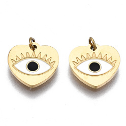 White 316 Surgical Stainless Steel Enamel Charms, with Jump Rings, Real 14K Gold Plated, Heart with Evil Eye, White, 9.5x10x1mm, Jump Ring: 2.7x0.4mm, 1.9mm inner diameter