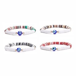 Светло-Вишневый 4 Набор эластичных браслетов Heishi Surfer ручной работы из полимерной глины, лэмпворк злой глаз круглый браслет из бисера опрятный женский, светло-вишневый, внутренний диаметр: 2-1/4 дюйм (5.6 см)