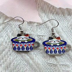 Разноцветный Сплав мотаться серьги, чашка в форме кошки, серебряные, красочный, 38 мм