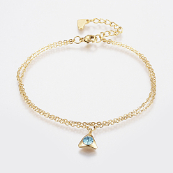 Aquamarine 304 Stainless Steel Cable Chain Bracelets, Multi-strand Bracelets, with Rhinestone, Lobster Claw Clasps, Triangle, Golden, Aquamarine, 7-1/8 inch(180mm), 1.5mm