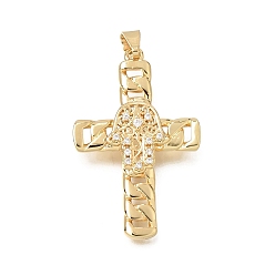 Plaqué 18K Or Véritable Pendentifs en laiton zircon cubique transparent, croix torsadée avec breloques en forme de main de Hamsa, réel 18 k plaqué or, 39x24.5x3.5mm, Trou: 8x3.5mm