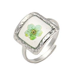 Квадрат Латунные регулируемые кольца для женщин, без кадмия и без свинца, с эпоксидной смолой и сухоцветом внутри, платина, квадратный, 15 мм, внутренний диаметр: 17 мм