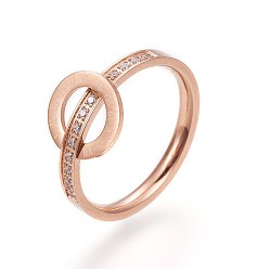 Rose Gold 304 Stainless Steel Finger Rings, with Rhinestone, Roman Number, Rose Gold, Size 6~9, 16~19mm