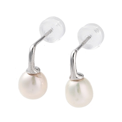 Platinum Natural Pearl Stud Earrings for Women, with Sterling Silver Pins, Platinum, 12x5.8~6mm