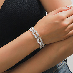 Платина Латунные прямоугольные звенья цепи браслеты для женщин, со стразами, платина, 170 мм