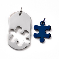 Blue Ion Plating(IP) 304 Stainless Steel Pendants Set, with Jump Ring, Oval & Puzzle, Blue, 21.5~38.5x17~22x2mm, Hole: 5~6mm, 2pcs/set