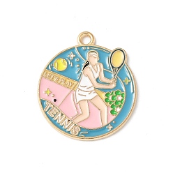 Tennis Подвески из эмали и сплава, золотые, спортивный, плоский раунд с теннисом, красочный, 25.5x22.5x1.5 мм, отверстие : 1.8 мм