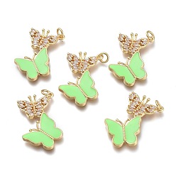 Light Green Brass Micro Pave Clear Cubic Zirconia Pendants, with Enamel and Jump Rings, Butterfly, Golden, Light Green, 28x18.5x3mm, Hole: 3mm