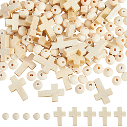 Blanched Almond DIY Jewelry Making Findings Kits, Including Wood Pendants & Beads, Cross & Round, Blanched Almond, 8~22x8~15x4~8mm, Hole: 1.8~3mm, 200pcs/set