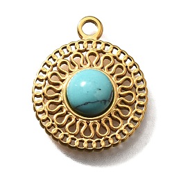 Синтетическая Бирюза Синтетические бирюзовые подвески, плоские круглые прелести, с 304 установками из нержавеющей стали, золотые, 18.5x15.5x4~4.5 мм, отверстие : 1.9 мм