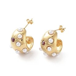 Золотой Вакуумное покрытие pvd 304 серьги-гвоздики из нержавеющей стали, серьги-полукольца с пластиковой жемчужиной и фианитами, золотые, 23.5x15 мм