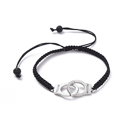 Stainless Steel Color Adjustable Nylon Thread Braided Bead Bracelets, Square Knot Bracelets, with Natural Lava Rock Beads and 304 Stainless Steel Interlocking Clasps, Handcuffs, Stainless Steel Color, 58~95mm