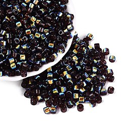 Indigo FGB Transparent Colours Glass Seed Beads, Rainbow Plated, Round Hole, Barrel, Indigo, 4x3.5mm, Hole: 0.9~1mm, about 3750pcs/pound