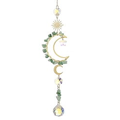 Aventurine Verte Attrape-soleil en aventurine verte naturelle et perles de verre en forme d'étoile, avec un charm soleil et lune en laiton., Décoration murale pour la maison et le jardin, 310mm