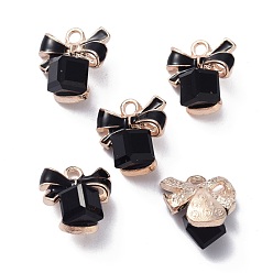 Черный Подвески из эмали и сплава, со стразами, куб и бантик, чёрные, 14x12.5x9 мм, отверстие : 2 мм