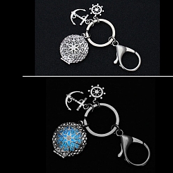 Flat Round Luminous Pendant Keychain, with Metal Key Rings, Blue, Flat Round, 9.8cm