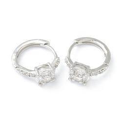 Платина Серьги-кольца из латуни с микропаве из прозрачного кубического циркония, цветок, платина, 16.5x13x6 мм, штифты : 1 мм