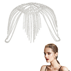Silver Rhinestone Mesh Headpiece Cap, Alloy Head Chain Bridal Party Hair Accessories for Women Girls, Silver, 300x320~380x6.5mm