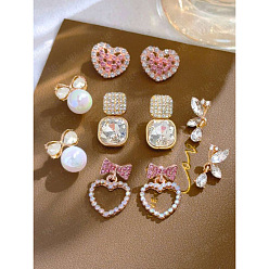 Прозрачный 5 пары серег-гвоздиков из сплава, со стеклом, стразами и пластиковым жемчугом, золотые, сердце, бант и квадрат, прозрачные, 16~23.5x8~17 мм