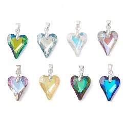 Серебро Гальванические подвески из прозрачного стекла, сердце прелести, с латунным, граненые, серебряные, 22x14x6.5 мм, отверстие : 5x3.5 мм