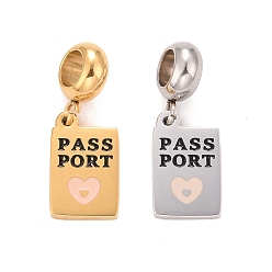 (52) Непрозрачная лаванда 304 подвесные европейские подвески из нержавеющей стали, подвески с большими отверстиями с эмалью, прямоугольник с сердцем и пропускным портом слова, разноцветные, 14x9x1.5 мм, отверстие : 4.5 мм