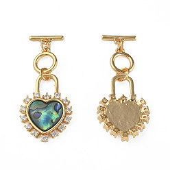 Real 18K Gold Plated Brass Micro Pave Clear Cubic Zirconia Toggle Clasps, with Synthetic Abalone Shell/Paua Shell, Nickel Free, Heart, Real 18K Gold Plated, 44mm, Hole: 1mm, Heart: 26.5x19x4mm