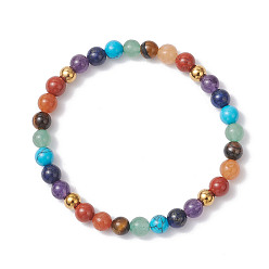 Золотой Браслеты из натуральных смешанных драгоценных камней с чакрами для женщин, круглые, золотые, бусина : 6~7 mm, внутренний диаметр: 2-1/4 дюйм (5.7 см)