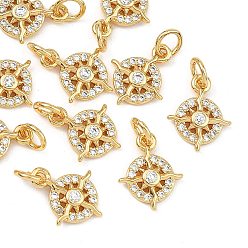 Real 18K Gold Plated SHEGRACE Brass Micro Pave Cubic Zirconia Charms, Ring with Sun Charms, Cadmium Free & Lead Free & Nickel Free, Real 18K Gold Plated, 12.5x10x2mm, Hole: 3.5mm