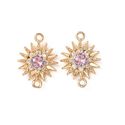 Бледно-Розовый Латунные звенья с инкрустацией кубическим цирконием, подвески от солнца, реальный 18 k позолоченный, розовый жемчуг, 16x11.5x3.8 мм, отверстие : 1.2 мм