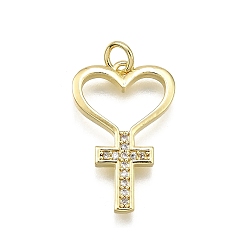 Настоящее золото 18K Латунные микро проложить кубического циркония подвески, крест и сердце, долговечный, без свинца и без кадмия, стойки покрытие, с целью перехода в кольце, реальный 18 k позолоченный, 23x15x2 мм, отверстие : 3.5 мм