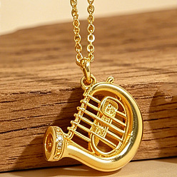 Musical Instruments Music Theme Brass Pave Cubic Zirconia Pendant Necklaces for Women, Golden, Musical Instruments, 17.72 inch(45cm), Pendant: 17x21mm