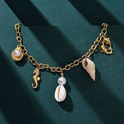 Настоящее золото 18K 304 Женские подвески в виде дельфина, морского конька и натуральных ракушек из нержавеющей стали, с пластиковыми бусинами под искусственный жемчуг, ионное покрытие (ip), реальный 18 k позолоченный, 15.94 дюйм (40.5 см)