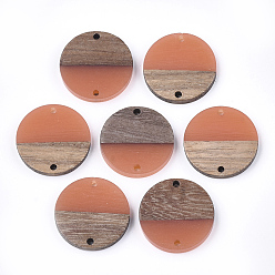 Коралловый Соединители из смолы и ореха, плоско-круглые, коралл, 24.5~25x2.5~4.5 мм, отверстие : 2 мм