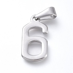 Number Pendentifs en acier inoxydable anti-ternissement, nombre, couleur inox, num. 304, 6mm, Trou: 21x10.5x1.5mm