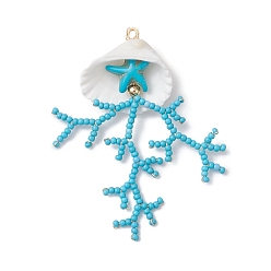 Небесно-голубой Большие подвески из стеклянных бусин и ракушек, коралловый шарм, с бусинами из синтетической бирюзы и медной проволокой, голубой, 61.5x47x11 мм, отверстие : 2.5 мм