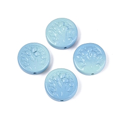 Light Sky Blue Two Tone Color Baking Paint Opaque Glass Beads, Flat Round with Flower Pattern, Light Sky Blue, 20x6~6.5mm, Hole: 1.4~1.6mm