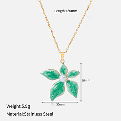 Medium Sea Green 304 Stainless Steel Enamel Flower Pendant Necklaces for Women, with Imitation Pearl, Golden, Medium Sea Green, 17.72 inch(45cm)
