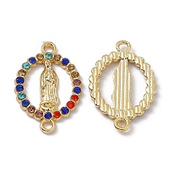 Colorful Religion Alloy Connector Charms, with Rhinestones, Flat Round Links with Virgin Pattern, Light Gold, Colorful, 23x15x2mm, Hole: 1.6mm