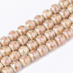 Orange Galvanisieren Glasperlen, Runde mit Blumenmuster, orange, 10x9.5 mm, Bohrung: 1.2 mm, ca. 30 Stk. / Strang, 11.2 Zoll
