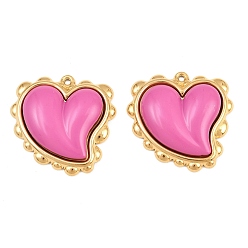 Hot Pink Baking Paint 304 Stainless Steel Pendants, Heart Charms, Ion Plating(IP), Real 18K Gold Plated, Hot Pink, 30.5x31x6mm, Hole: 1.5mm