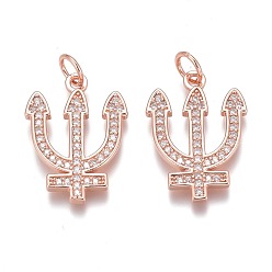 Rose Gold Brass Micro Pave Clear Cubic Zirconia Pendants, Long-Lasting Plated, With Jump Rings, Three Teeth Fork, Rose Gold, 19x14x2mm, Hole: 3mm, Jump Ring: 5x1mm