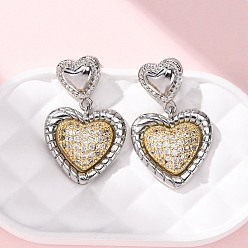 Платина Серьги-подвески из латуни с прозрачным кубическим цирконием и прозрачным паве, сердце, без кадмия и без свинца, стойки покрытие, долговечный, платина, 29.5x18.5 мм