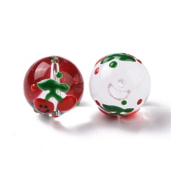 Cherry Transparent Glass Beads, with Enamel, Round, Red, Cherry Pattern, 14~15x13~13.5mm, Hole: 1.5~1.6mm