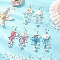 (52) Непрозрачная лаванда 3пары подвесных сережек из стекла, натуральной ракушки и немагнитного синтетического гематита, серьги-кисточки из бисера ручной работы, форма капли и ракушки, с имитацией жемчуга, разноцветные, 87.5x25 мм