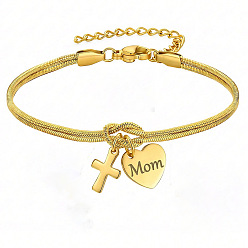 Золотой День матери 304 Браслеты из нержавеющей стали в виде змеиной цепочки, двухслойные, браслеты с подвесками для женщин, сердце с мамой и крестом, золотые, 6.69 дюйм (17 см)